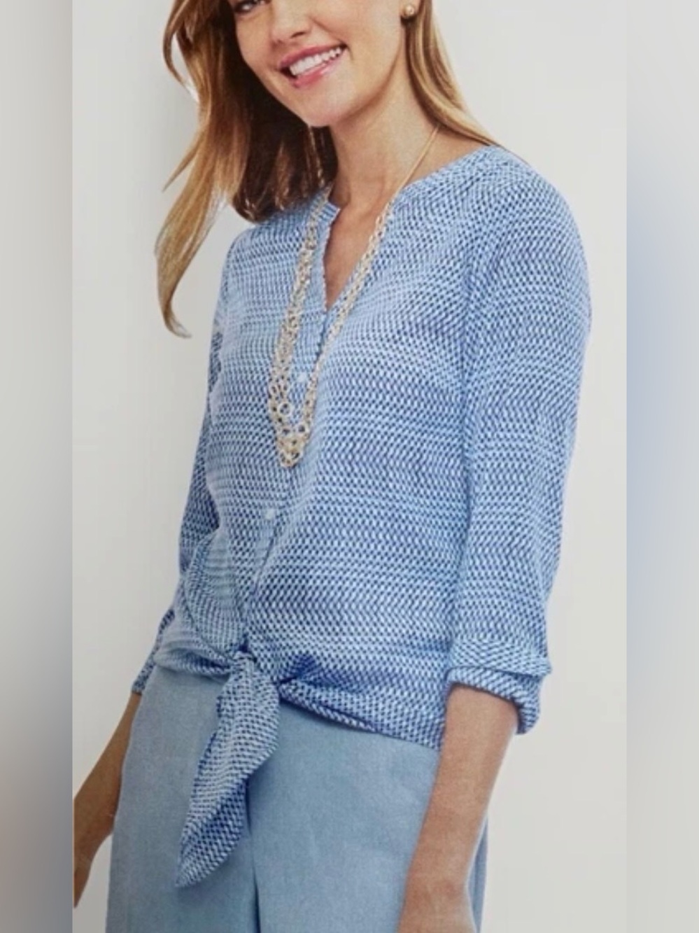 Talbots MP Blue Print Tie-front Button-down Blouse